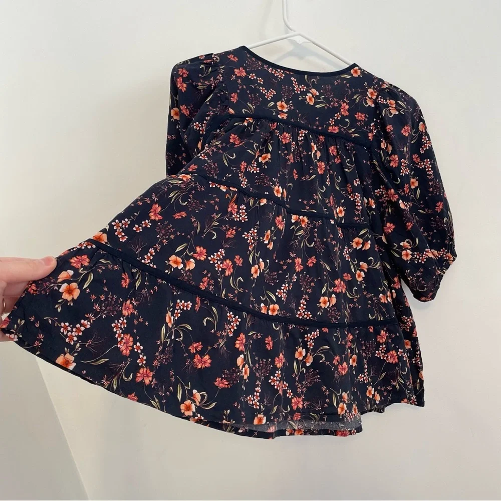OLD NAVY Puff Sleeve Floral Tiered Swing Blouse Navy Blue Short Sleeve Peasant S